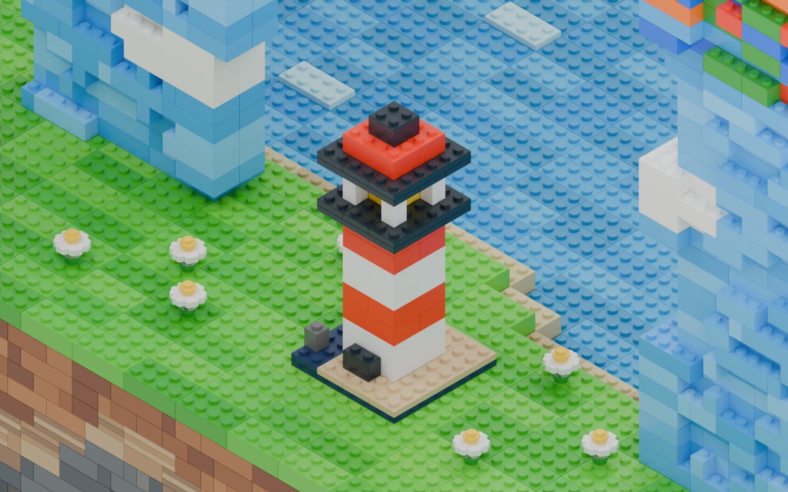 A completed red and white brick lighthouse on a grassy coast