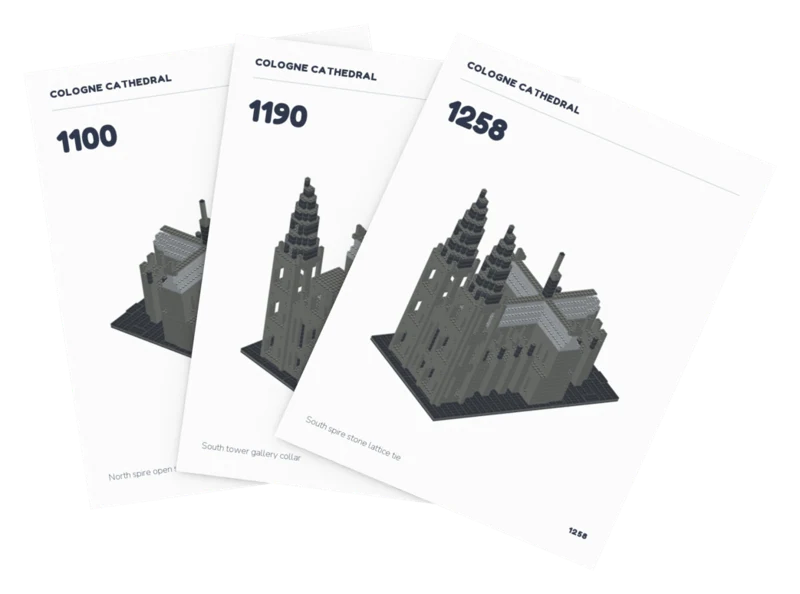 Three fanned building-guide pages showing actual assembly steps